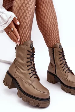 Best Boto Skórzane Damskie Ocieplane Botki Trapery Lemar Brązowe Rehin