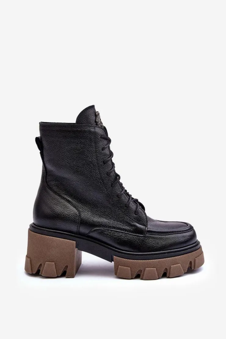 Boto Damskie Trapery|Botki Sznurowane*Skórzane Damskie Ocieplane Botki Trapery Czarne Lemar Rehin