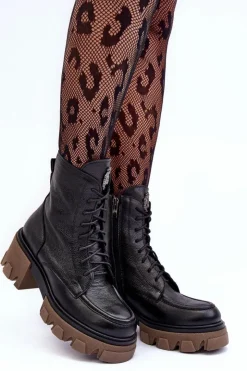 Boto Damskie Trapery|Botki Sznurowane*Skórzane Damskie Ocieplane Botki Trapery Czarne Lemar Rehin