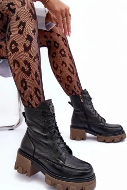 Boto Damskie Trapery|Botki Sznurowane*Skórzane Damskie Ocieplane Botki Trapery Czarne Lemar Rehin