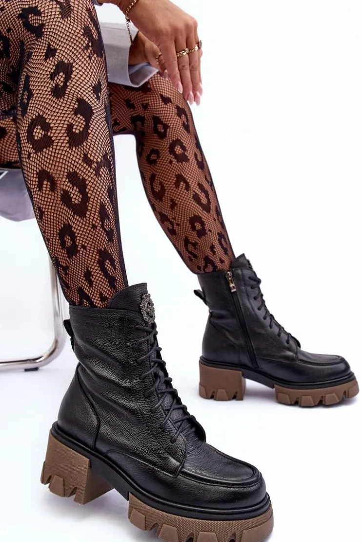 Boto Damskie Trapery|Botki Sznurowane*Skórzane Damskie Ocieplane Botki Trapery Czarne Lemar Rehin