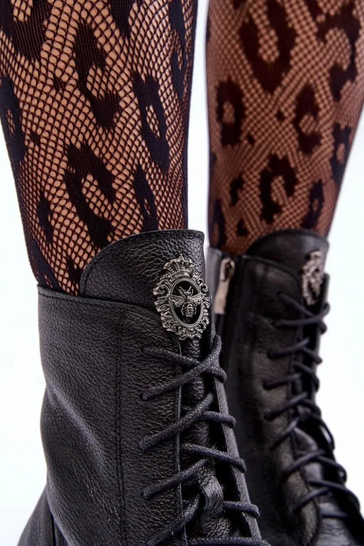 Boto Damskie Trapery|Botki Sznurowane*Skórzane Damskie Ocieplane Botki Trapery Czarne Lemar Rehin