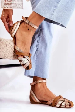 Maciejka Sandały Płaskie*Skórzane Damskie Sandały 01924-32 Złoto-Brązowe