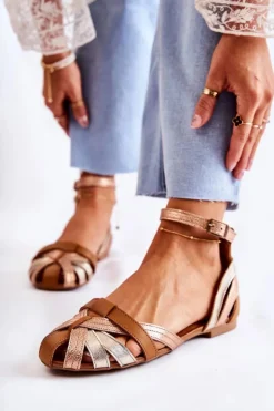 Maciejka Sandały Płaskie*Skórzane Damskie Sandały 01924-32 Złoto-Brązowe