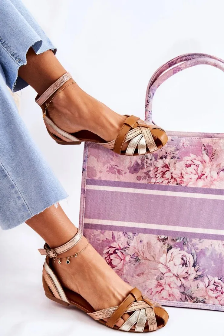 Maciejka Sandały Płaskie*Skórzane Damskie Sandały 01924-32 Złoto-Brązowe