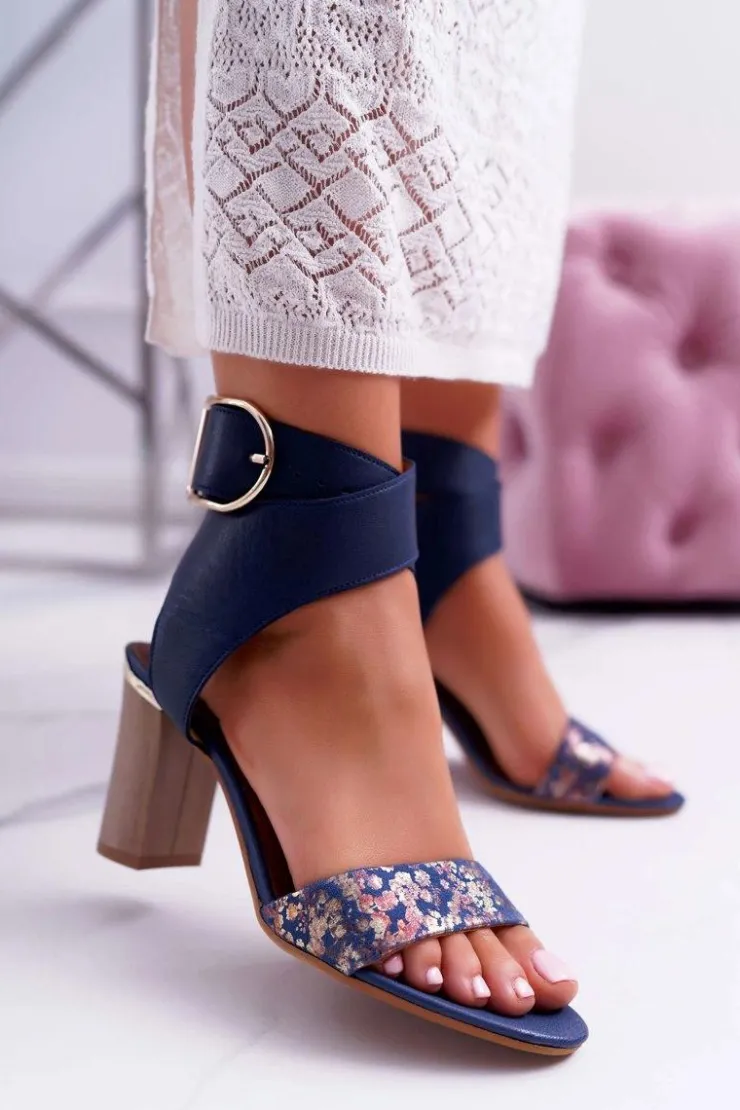 Maciejka Sandały Na Obcasie*Skórzane Damskie Sandały Na Słupku Granatowe 03597