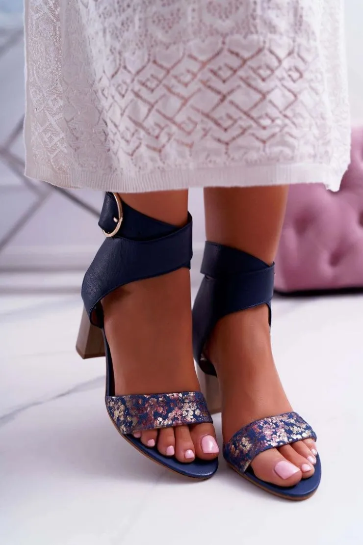 Maciejka Sandały Na Obcasie*Skórzane Damskie Sandały Na Słupku Granatowe 03597