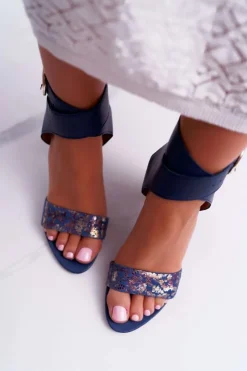 Maciejka Sandały Na Obcasie*Skórzane Damskie Sandały Na Słupku Granatowe 03597