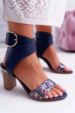 Maciejka Sandały Na Obcasie*Skórzane Damskie Sandały Na Słupku Granatowe 03597