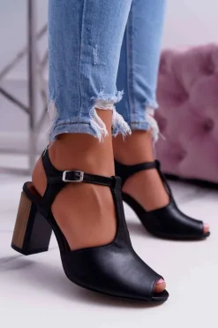 Hot Maciejka Skórzane Damskie Sandały Czarne 04117