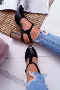 Hot Maciejka Skórzane Damskie Sandały Czarne 04117