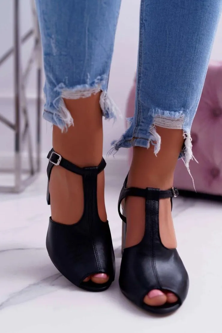 Hot Maciejka Skórzane Damskie Sandały Czarne 04117