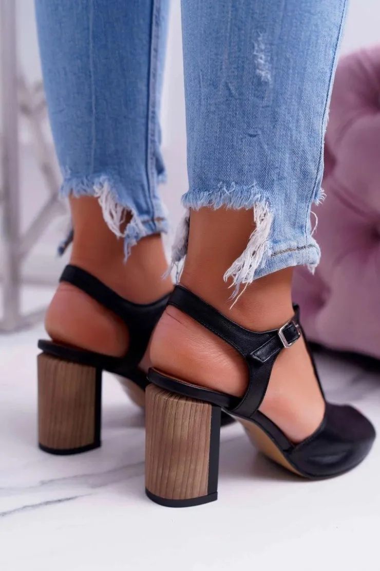 Hot Maciejka Skórzane Damskie Sandały Czarne 04117