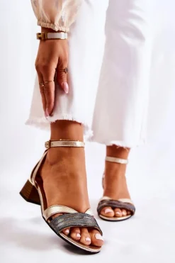 Maciejka Sandały Na Obcasie*Skórzane Damskie Sandały 05177-25 Złote