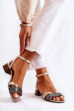 Maciejka Sandały Na Obcasie*Skórzane Damskie Sandały 05177-25 Złote