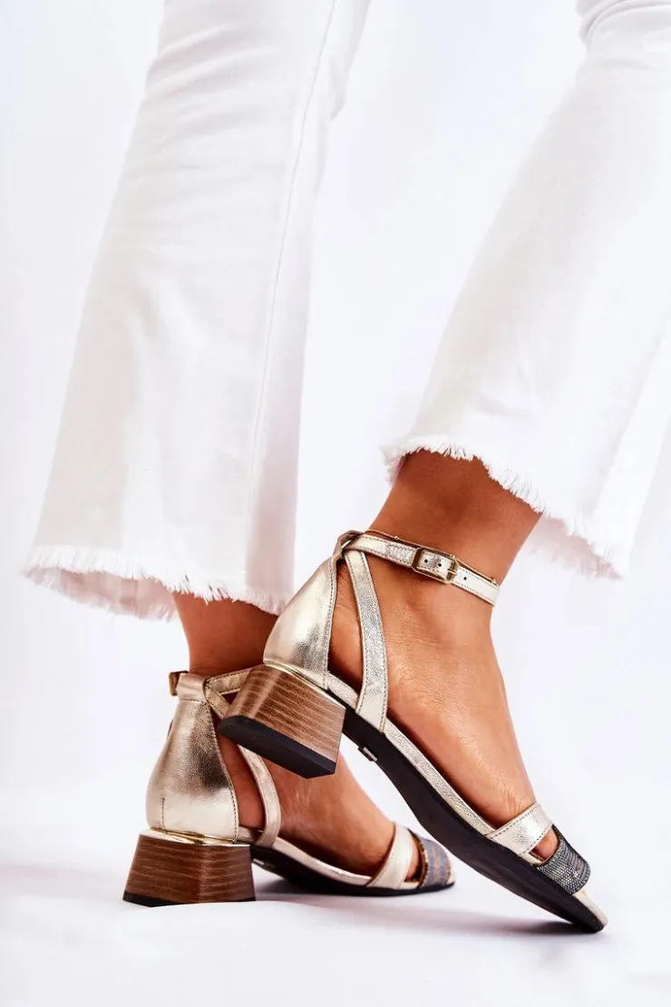 Maciejka Sandały Na Obcasie*Skórzane Damskie Sandały 05177-25 Złote