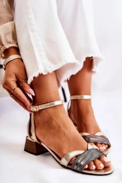 Maciejka Sandały Na Obcasie*Skórzane Damskie Sandały 05177-25 Złote