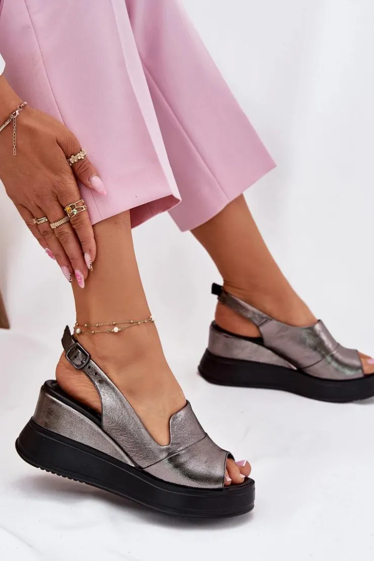 Damskie Artiker Skórzane Damskie Sandały Na Koturnie 54C0402 Grafitowe