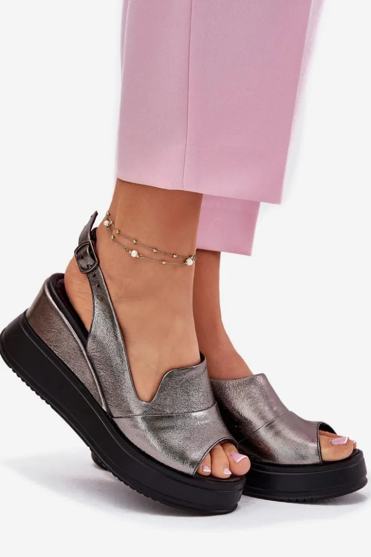 Damskie Artiker Skórzane Damskie Sandały Na Koturnie 54C0402 Grafitowe