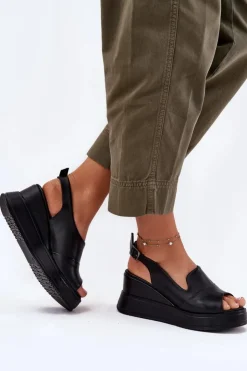 Sale Artiker Skórzane Damskie Sandały Na Koturnie 52C0484 Czarne Czarny