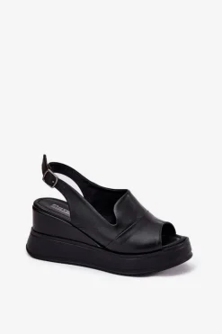 Sale Artiker Skórzane Damskie Sandały Na Koturnie 52C0484 Czarne Czarny