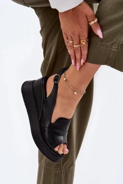 Sale Artiker Skórzane Damskie Sandały Na Koturnie 52C0484 Czarne Czarny