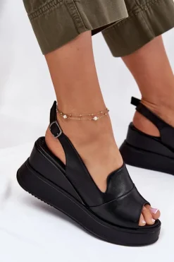 Sale Artiker Skórzane Damskie Sandały Na Koturnie 52C0484 Czarne Czarny