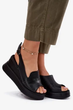 Sale Artiker Skórzane Damskie Sandały Na Koturnie 52C0484 Czarne Czarny