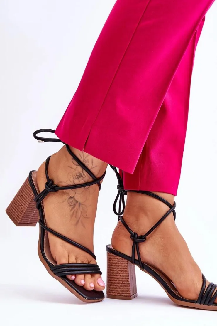 Sale Boto Skórzane Damskie Sandały Na Słupku Czarne Seyna