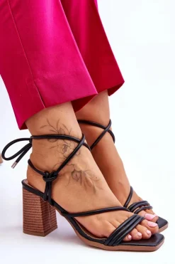 Sale Boto Skórzane Damskie Sandały Na Słupku Czarne Seyna