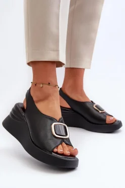 Evento Sandały Na Koturnie*Skórzane Damskie Sandały Na Koturnie Z Ozdobą Czarne Salvania