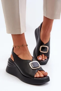 Evento Sandały Na Koturnie*Skórzane Damskie Sandały Na Koturnie Z Ozdobą Czarne Salvania