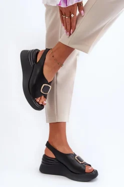 Evento Sandały Na Koturnie*Skórzane Damskie Sandały Na Koturnie Z Ozdobą Czarne Salvania