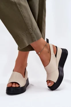 Artiker Sandały Na Koturnie*Skórzane Damskie Sandały Na Koturnie 54C0401 Beżowe Beżowy