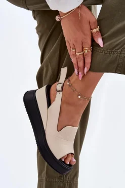 Artiker Sandały Na Koturnie*Skórzane Damskie Sandały Na Koturnie 54C0401 Beżowe Beżowy