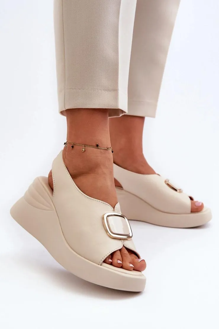 Damskie Evento Skórzane Damskie Sandały Na Koturnie Z Ozdobą Beżowe Salvania