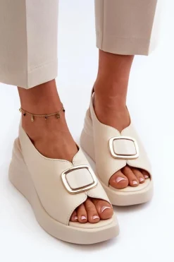 Damskie Evento Skórzane Damskie Sandały Na Koturnie Z Ozdobą Beżowe Salvania