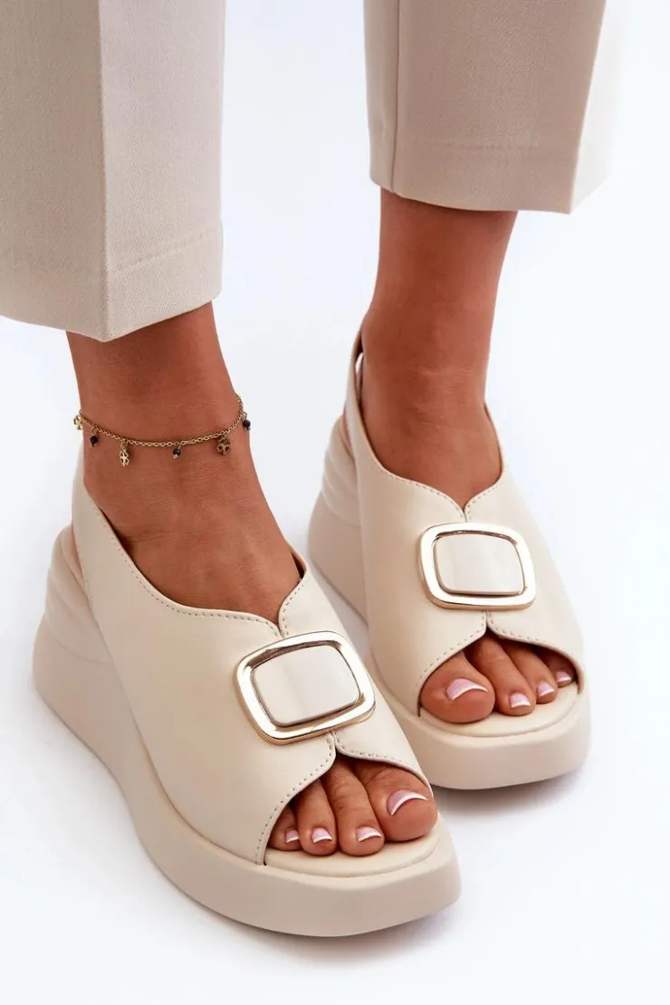 Damskie Evento Skórzane Damskie Sandały Na Koturnie Z Ozdobą Beżowe Salvania