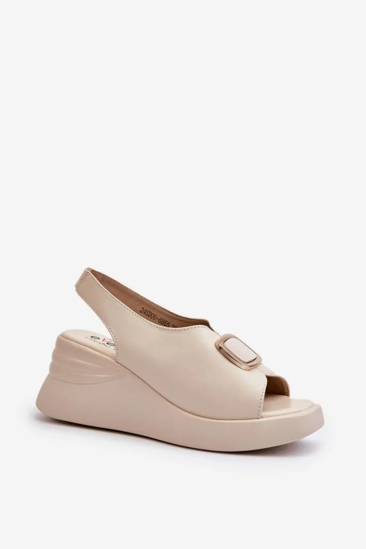 Damskie Evento Skórzane Damskie Sandały Na Koturnie Z Ozdobą Beżowe Salvania