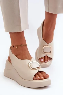 Damskie Evento Skórzane Damskie Sandały Na Koturnie Z Ozdobą Beżowe Salvania