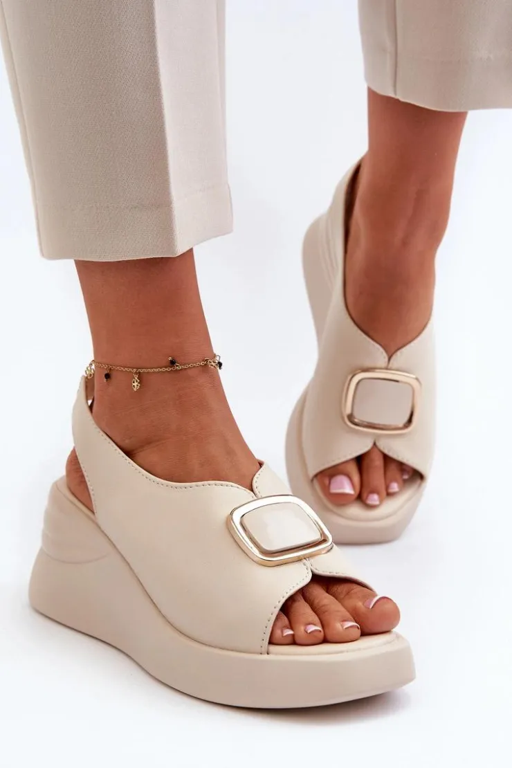 Damskie Evento Skórzane Damskie Sandały Na Koturnie Z Ozdobą Beżowe Salvania