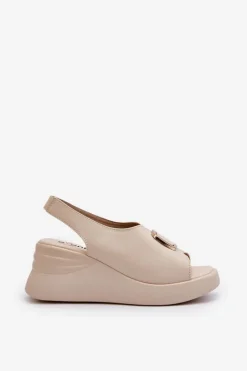 Damskie Evento Skórzane Damskie Sandały Na Koturnie Z Ozdobą Beżowe Salvania