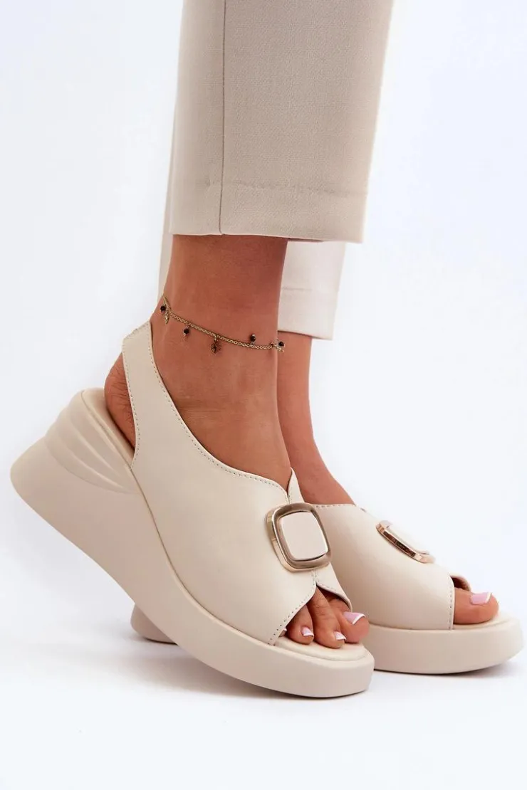 Damskie Evento Skórzane Damskie Sandały Na Koturnie Z Ozdobą Beżowe Salvania