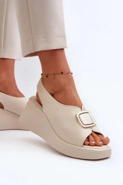 Damskie Evento Skórzane Damskie Sandały Na Koturnie Z Ozdobą Beżowe Salvania