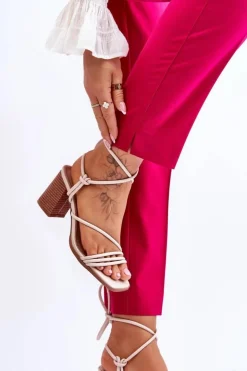 Online Boto Skórzane Damskie Sandały Na Słupku Beżowe Seyna