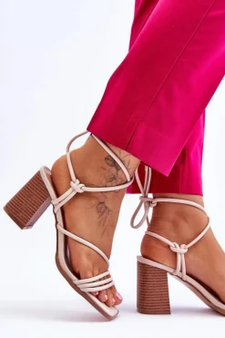 Online Boto Skórzane Damskie Sandały Na Słupku Beżowe Seyna