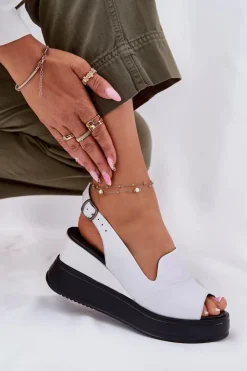 Artiker Sandały Na Koturnie*Skórzane Damskie Sandały Na Koturnie 52C0483 Białe