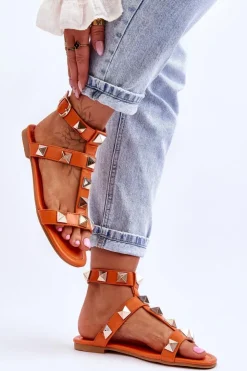 Damskie Boto Skórzane Damskie Sandały Z Dużymi Ćwiekami Pomarańczowe Mishigan