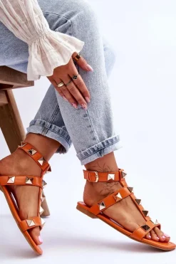 Damskie Boto Skórzane Damskie Sandały Z Dużymi Ćwiekami Pomarańczowe Mishigan