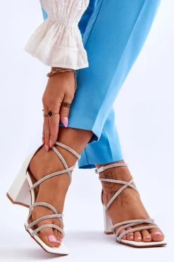 Clearance Boto Skórzane Damskie Sandały Z Cyrkoniami Na Obcasie Białe Liviano